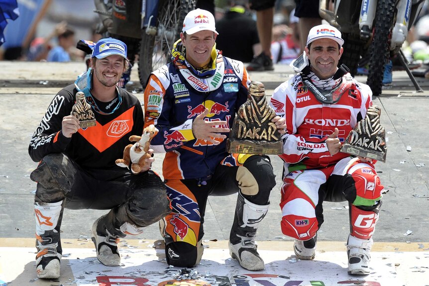 Marc Coma, Paul Goncalves and Toby Price after the Dakar Rally