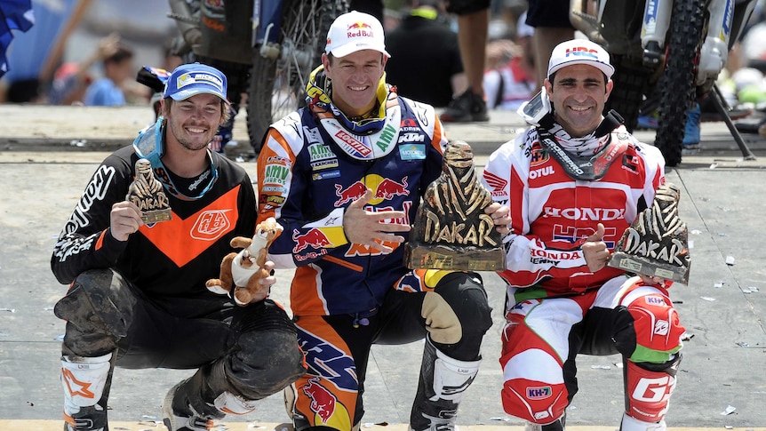 Marc Coma, Paul Goncalves and Toby Price after the Dakar Rally