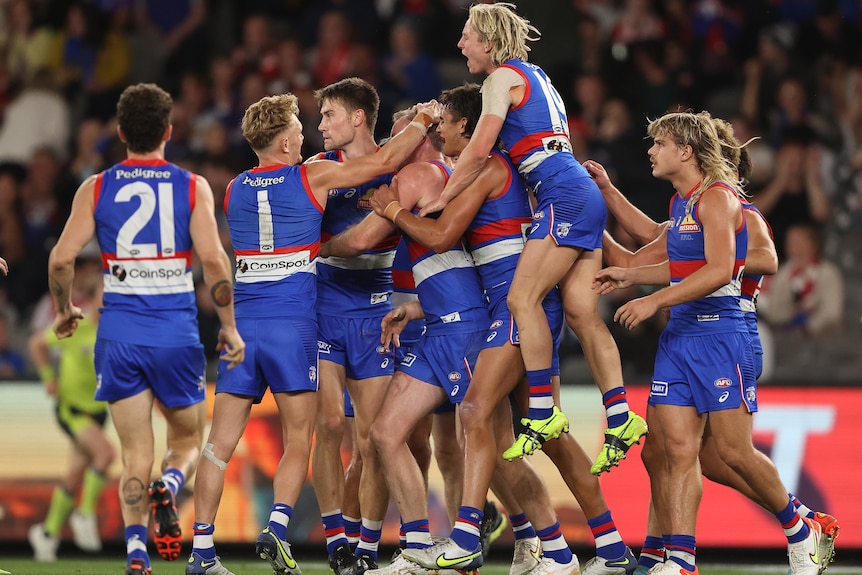 A large group of Western Bulldogs players huddle together after a goal