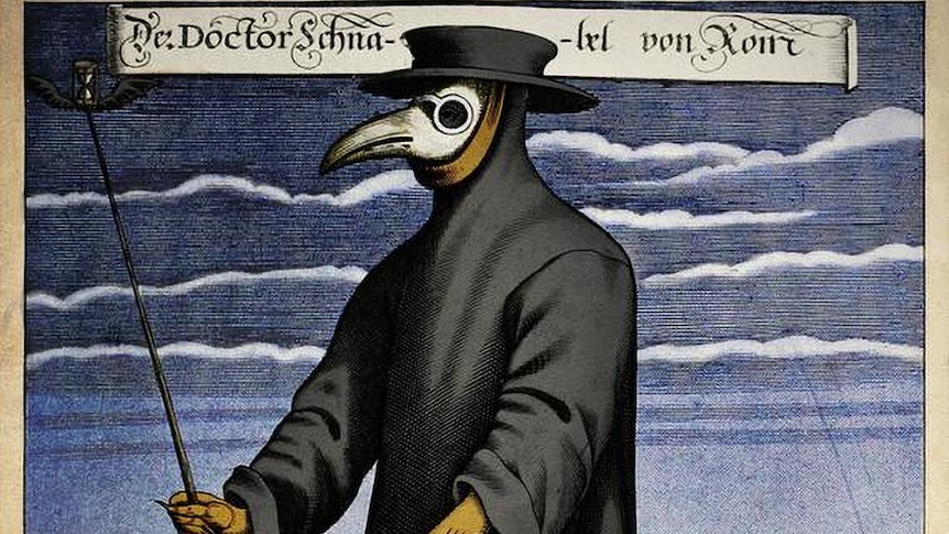 Coloured engraving of a 17th century plague doctor wearking beaked mask, gloves, cloak and brimmed hat .