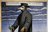 Coloured engraving of a 17th century plague doctor wearking beaked mask, gloves, cloak and brimmed hat .