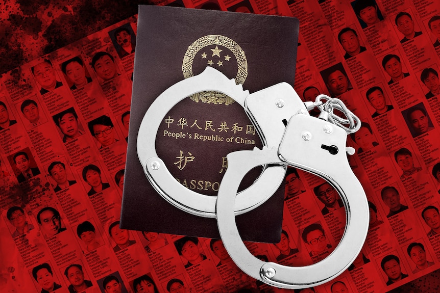 A graphic depicts a list of wanted suspects with a Chinese passport and handcuffs