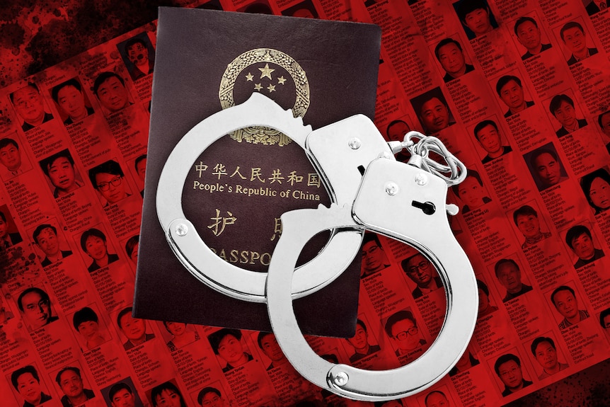 A graphic with a pair of handcuffs sitting on a Chinese passport.