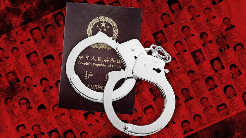 A graphic with a pair of handcuffs sitting on a Chinese passport.