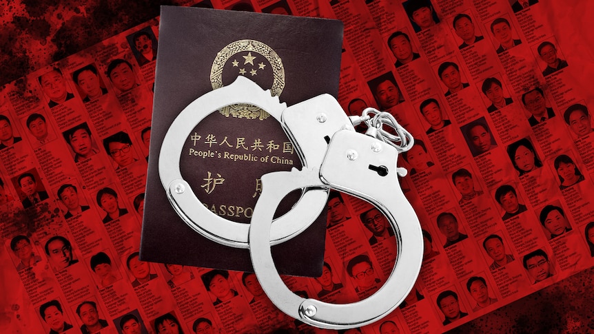 A graphic depicts a list of wanted suspects with a Chinese passport and handcuffs