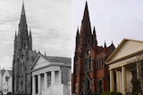 Two photos of the same church side by side. One is black and white and one is colour