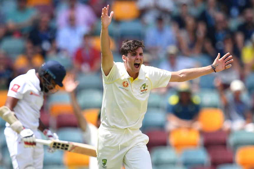 A man in cricket whites shouts with both his arms above his head.