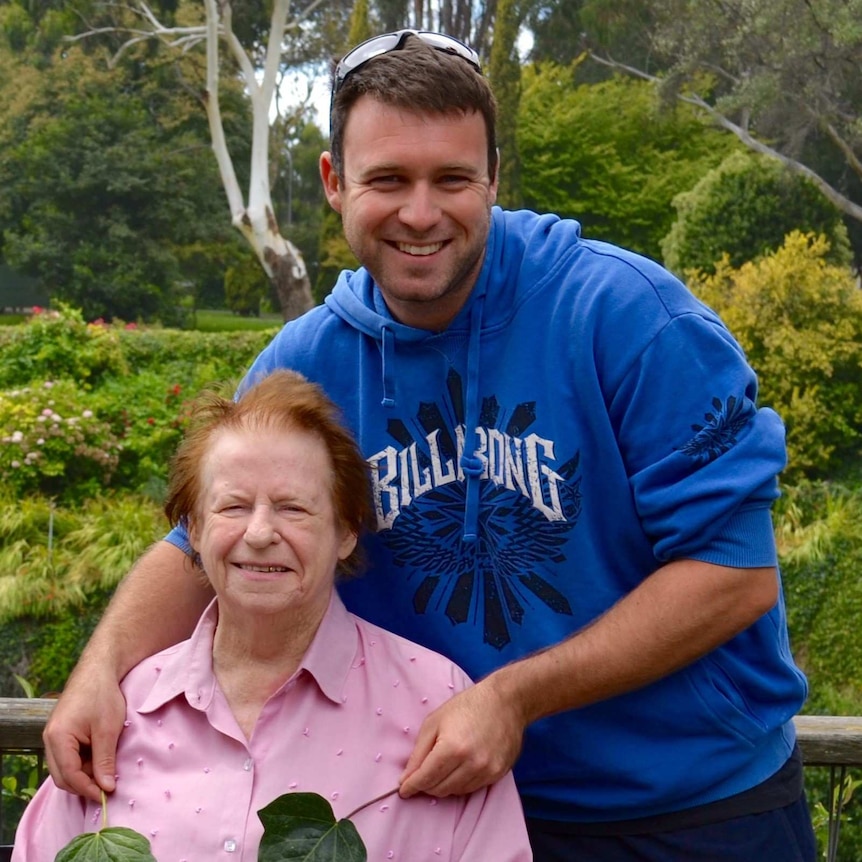 Shirley (L) with grandson Sam in gardens.