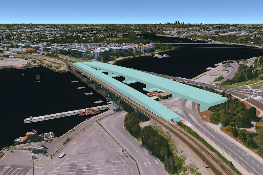 An artist's impression showing the planned alignment of the new Fremantle traffic and rail bridges in blue.