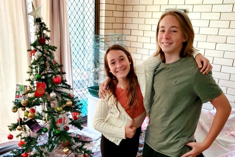 A girl and boy standing inside a home against a brick wall with Christmas tree in the background