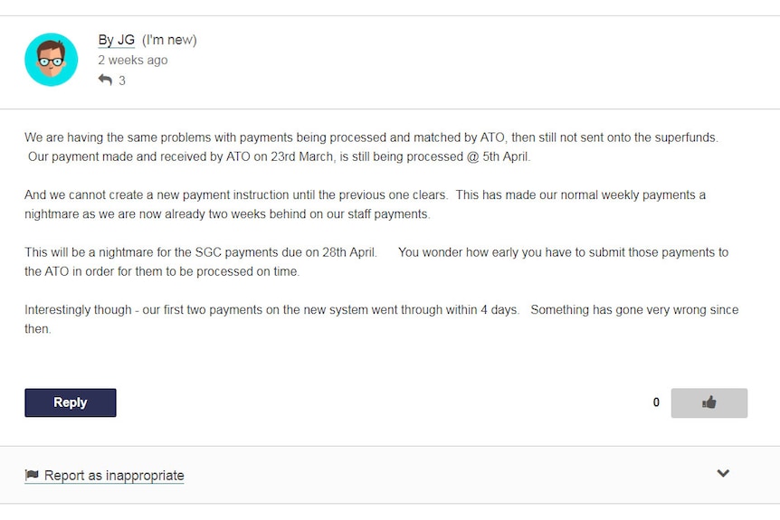 Screenshot of a comment on a tax office forum, where a user reports problems with superannuation payments transferring.