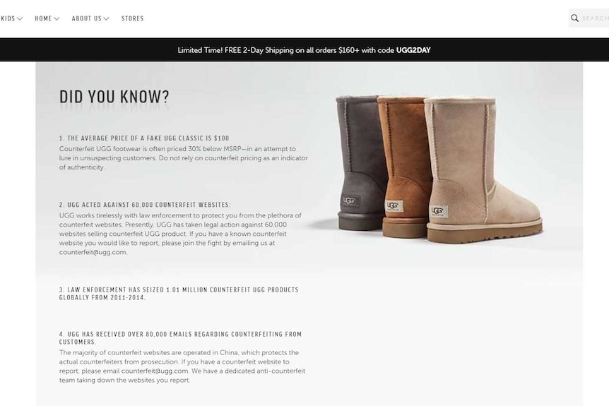 A screenshot from the website of a US footwear company, which says fake Ugg boots sponsor terrorism.