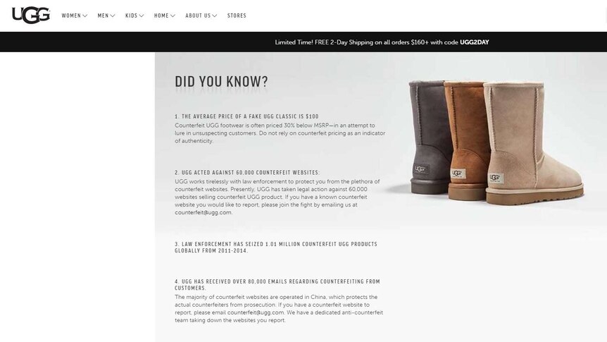 A screenshot from the website of a US footwear company, which says fake Ugg boots sponsor terrorism.