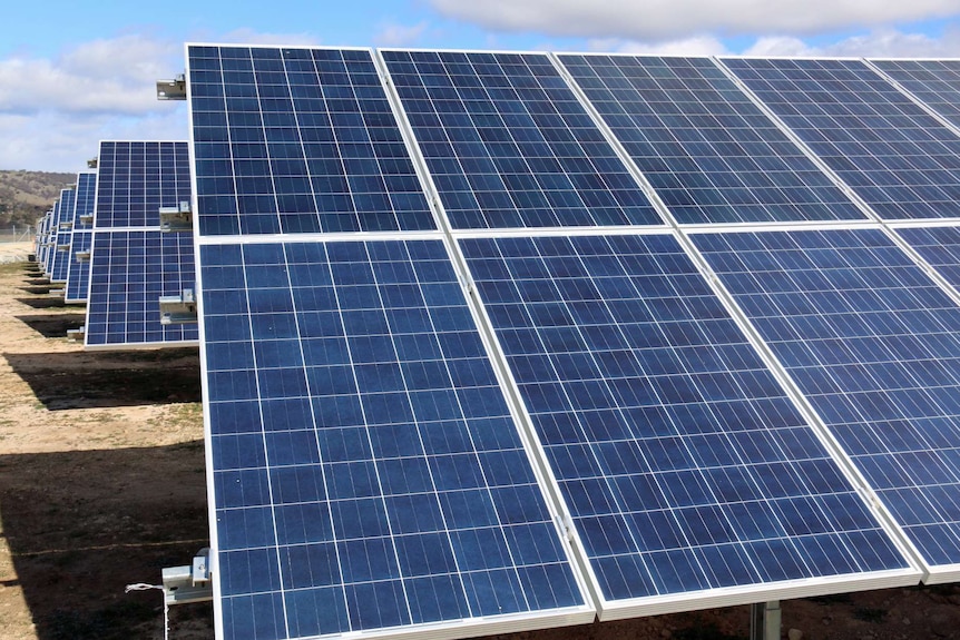 Up close photo of solar panels in a field.