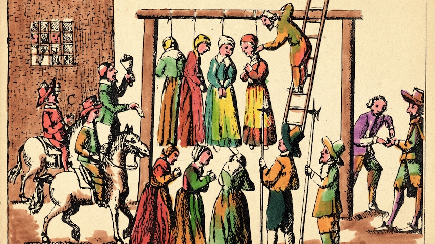 Coloured drawing of four women in dresses hanging from nooses from wooden beam. Crowds of people surround them.