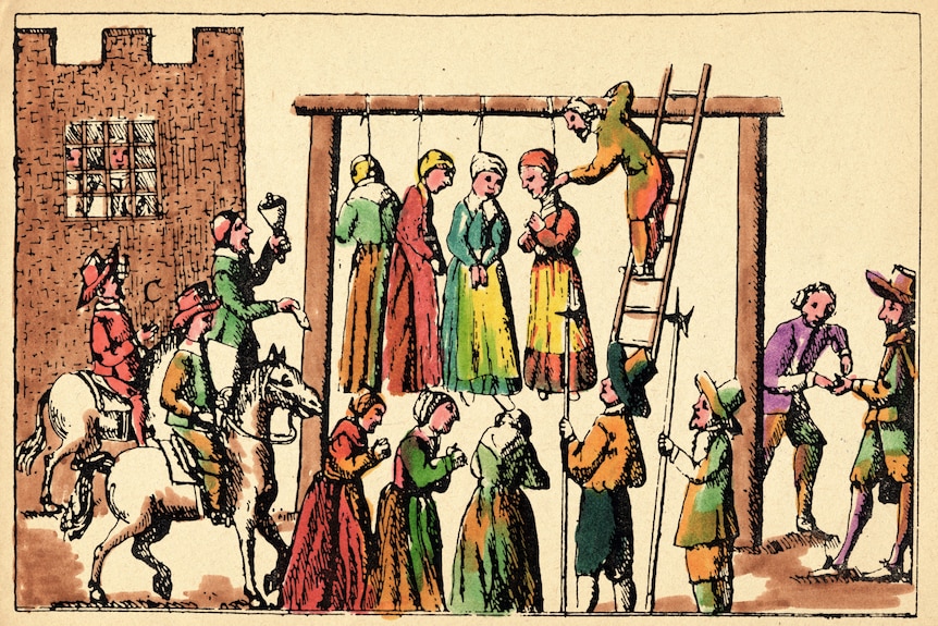 Coloured drawing of four women in dresses hanging from nooses from wooden beam. Crowds of people surround them.