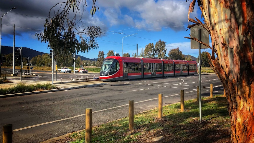 A red light-rail vehicles travels through a road intersection.