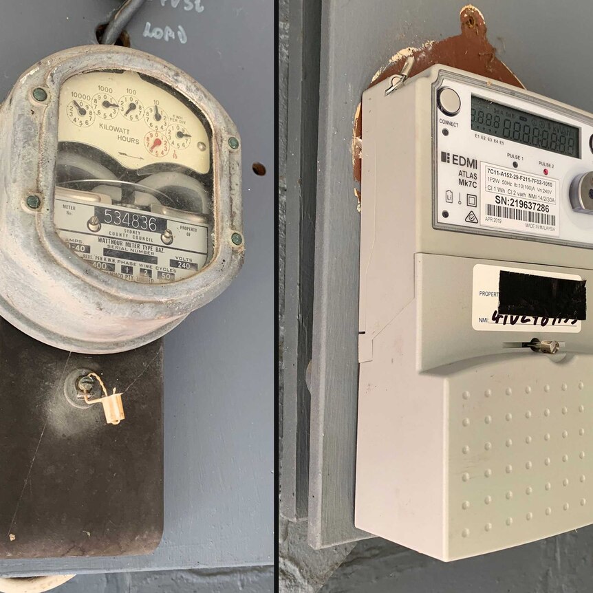 Composite picture of an old electricity meter (left) with a new smart meter (right) outside a house.