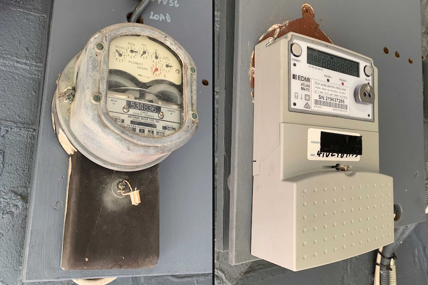 Composite picture of an old electricity meter (left) with a new smart meter (right) outside a house.