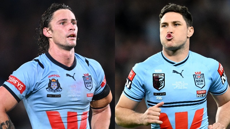 A composite image of two NSW halfbacks, Nicho Hynes and Mitchell Moses, during State of Origin matches