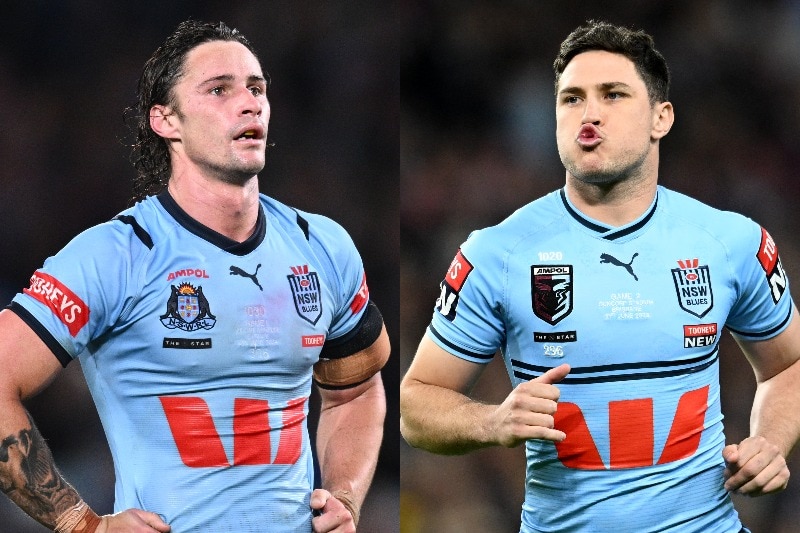 A composite image of two NSW halfbacks, Nicho Hynes and Mitchell Moses, during State of Origin matches