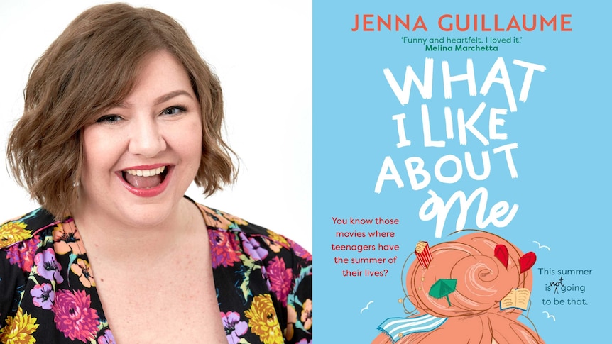 Author Jenna Guillaume next to the cover of her book, What I Like About me