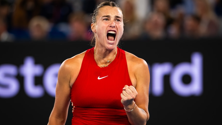 Aryna Sabalenka screams out as she celebrates winning a point at the 2024 Australian Open.