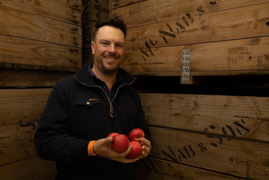 Mitchell McNab holds red apples. Behind him are wooden crates with McNab printed on them.