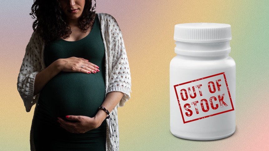 Woman holding pregnant belly next to a bottle of pills out of stock.