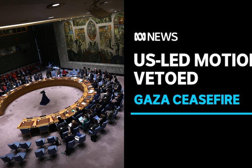 US-Led Motion Vetoed, Gaza Ceasefire: Aerial picture of the circular desk formation infront of large mural.
