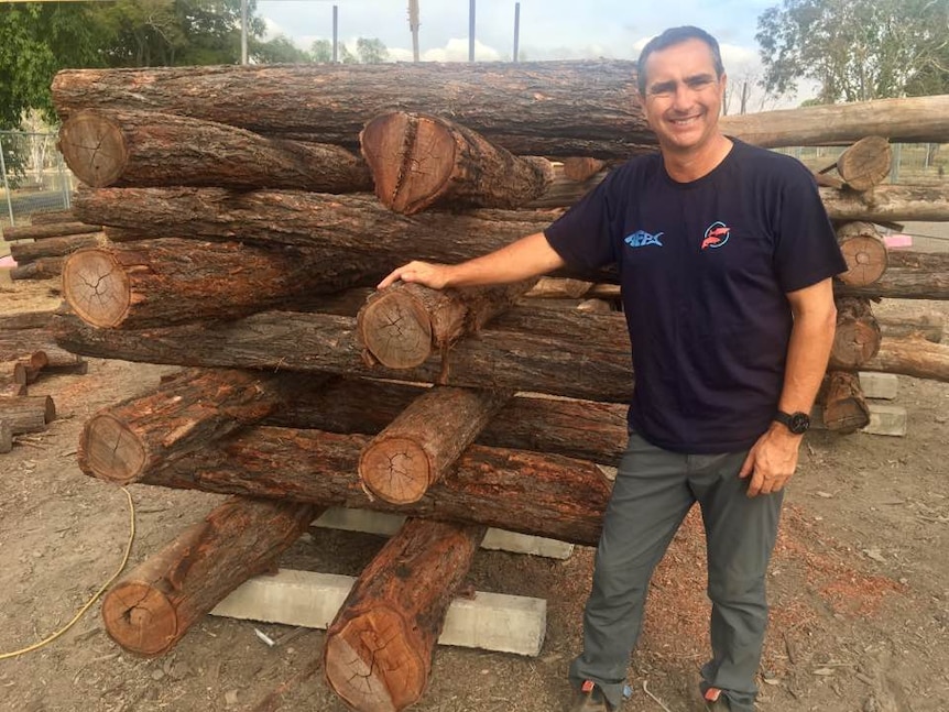 Tim Marsden stands beside a loose construction of logs.