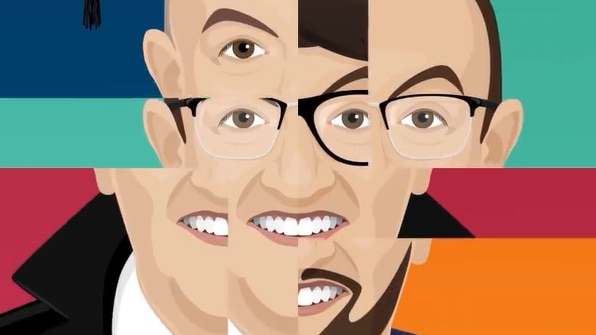 A face appears with different guises in an colourful animation.