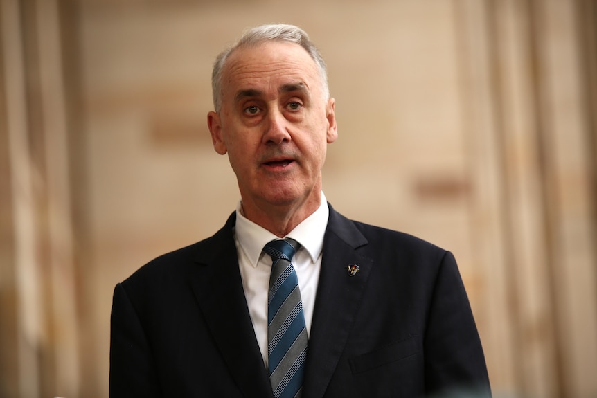 A tall man wearing a suit stands outside of parliament talking.