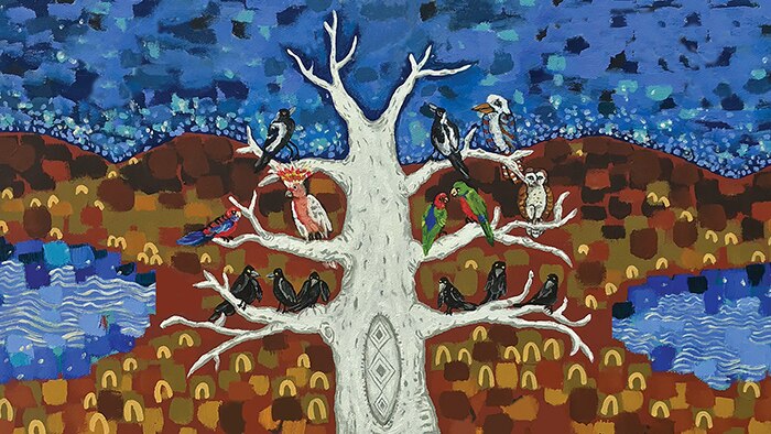 A section of artwork Nyirram turt-barram (Morning Star) by Deanne Gilson, showing Australian birds sitting on a gum tree.