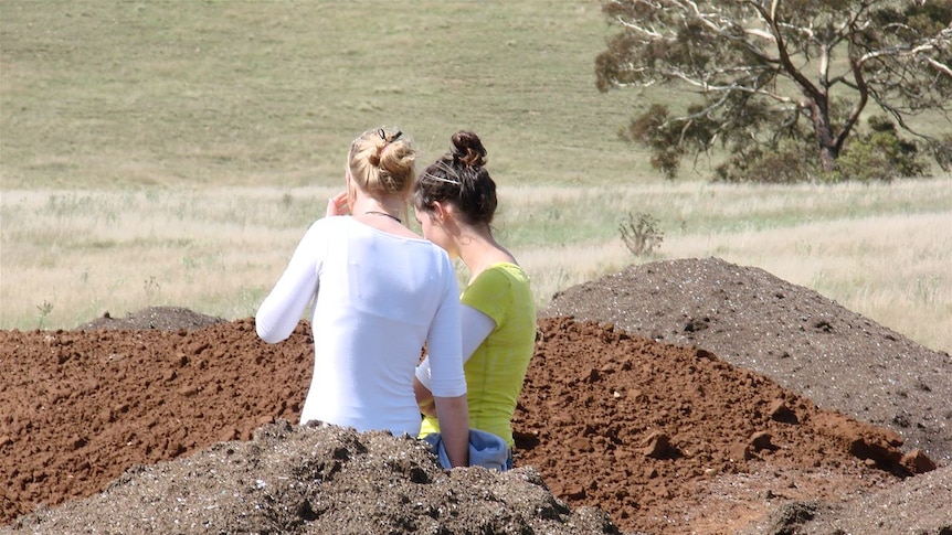Students stand among mounds of Canberra's sewage waste on a farm in Goulburn