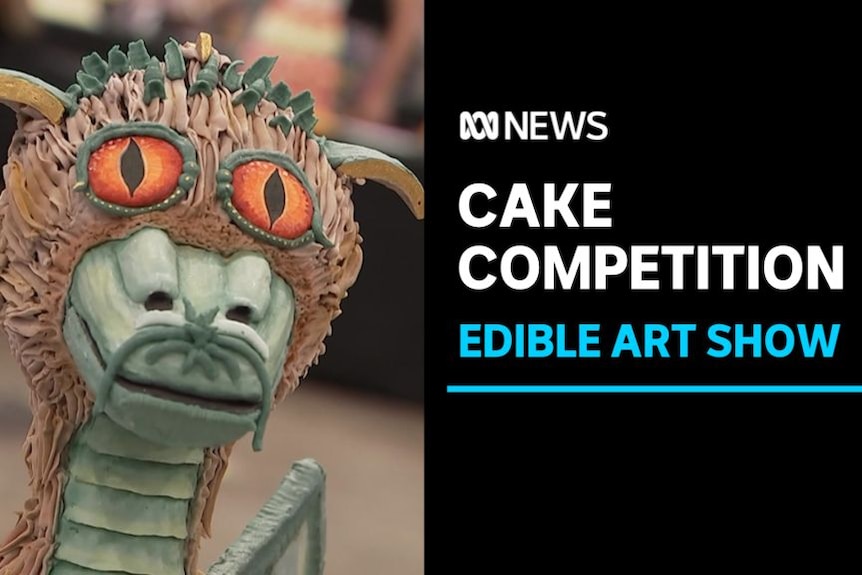 Cake Competition, Edible Art Show: A cake decorated as a detailed monster's head.