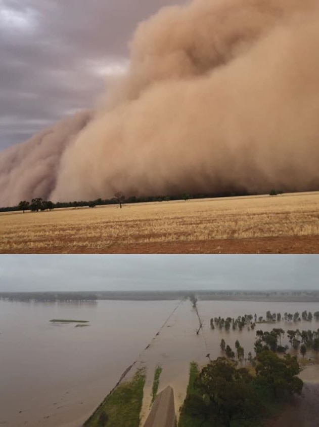 Two images: the top images shows a huge dust storm and the bottom image shows flooded paddocks