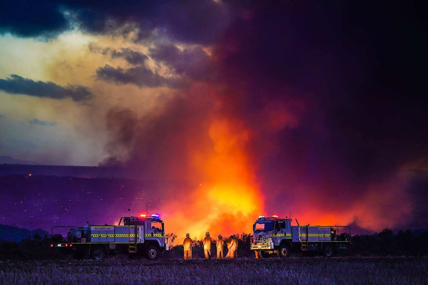 A bushfire burning out of control in the night.