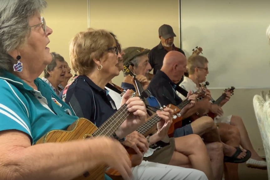 A row of ukulele players sitting at the Mount Louisa Community centre watching a projector showing ukulele tabs.