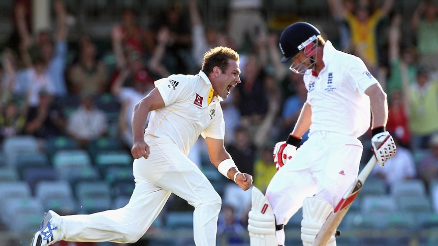 Cop that: Ryan Harris (2 for 22) removes Paul Collingwood with the final ball of the third day.