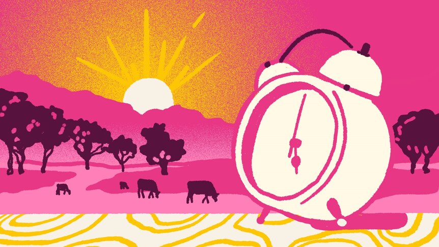 A pink and white illustrated image of a clock in the foreground of a farm paddock.