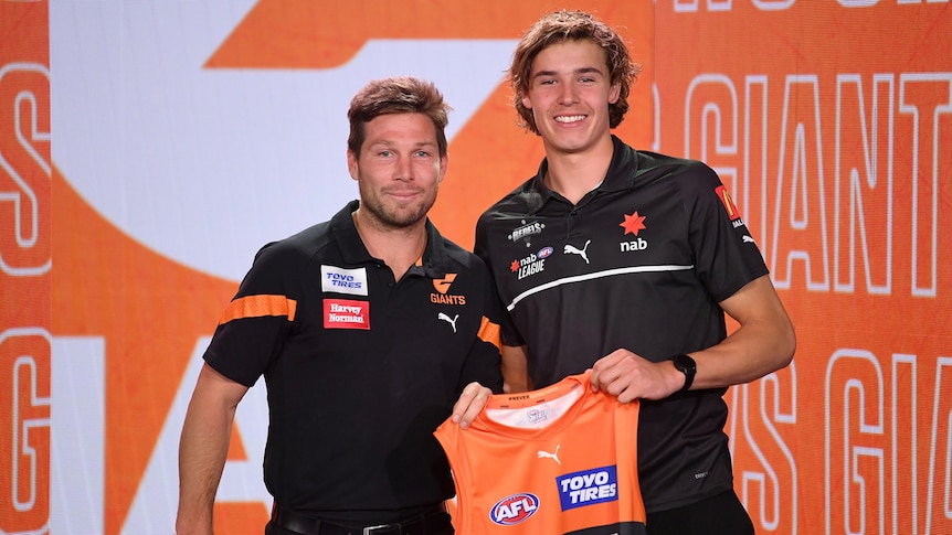 Toby Greene and Aaron Cadman at the AFL Draft.