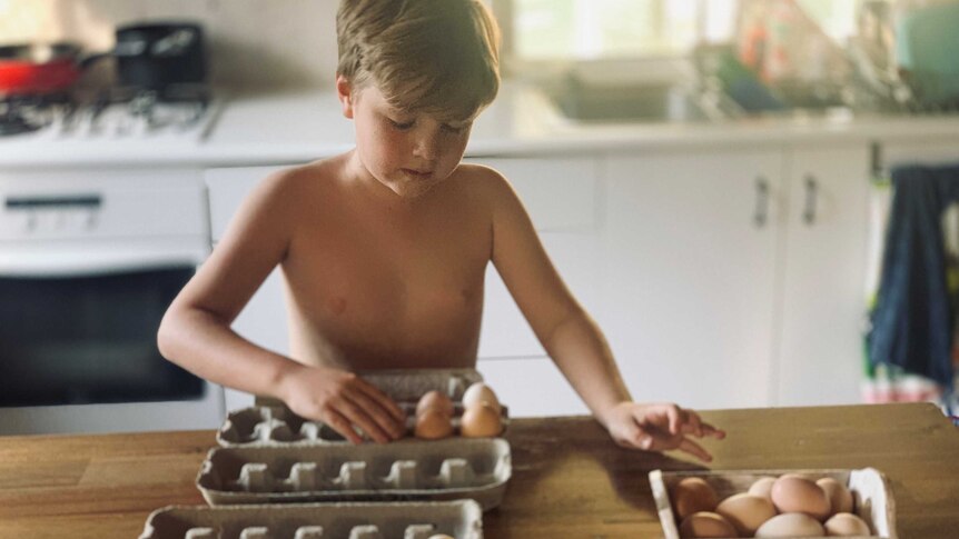 Canungra boy Maximus Turner preparing eggs in cartons with smiley faces to giveaway to elderly residents