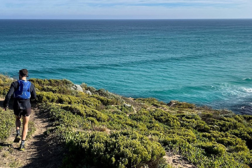 A man wearing black shots and t-shirts, a blue backpack walks along a grassy path overlooking the sea and the far horizon. Back 