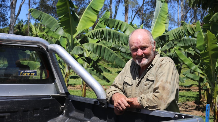 A man leaning against a ute with banana trees behind him.