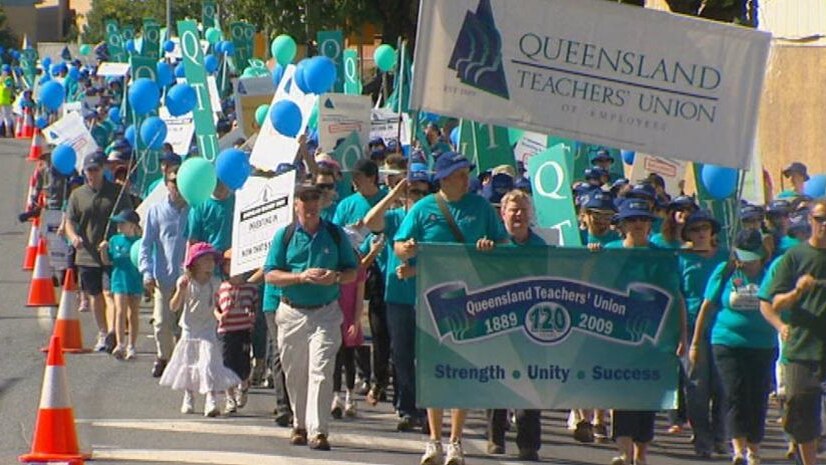 Qld Teachers Union (QTU) members marching at the Qld Labour Day rally in Brisbane's CBD on May 4, 2009.