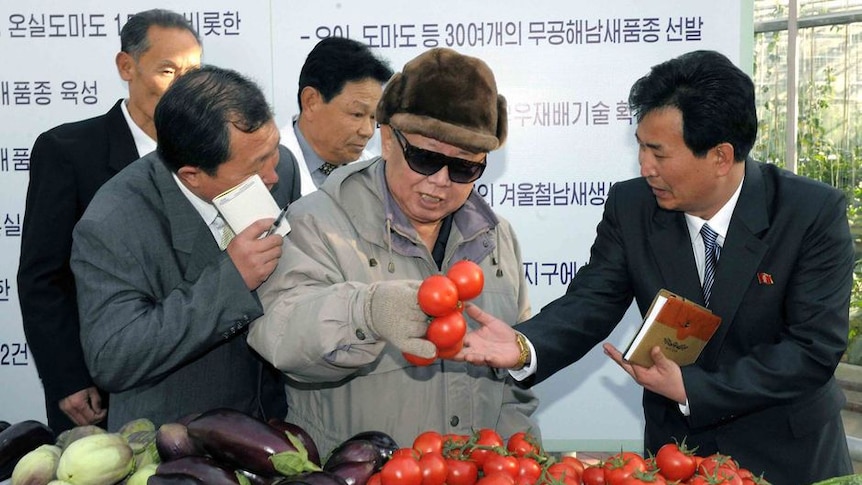Kim Jong Il looks at tomatoes.