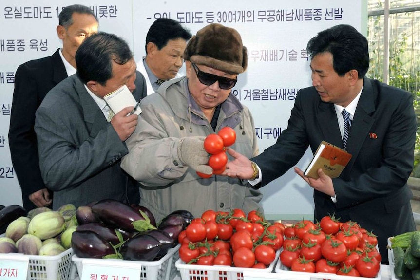 Kim Jong Il looks at tomatoes.