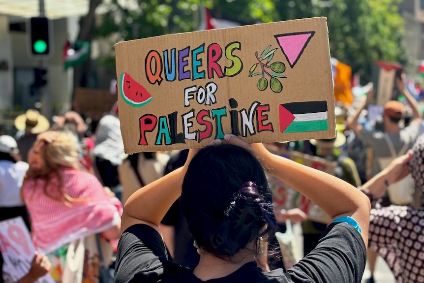 Back of person holding cardboard sign which reads 'Queers for Palestine', in march on street.