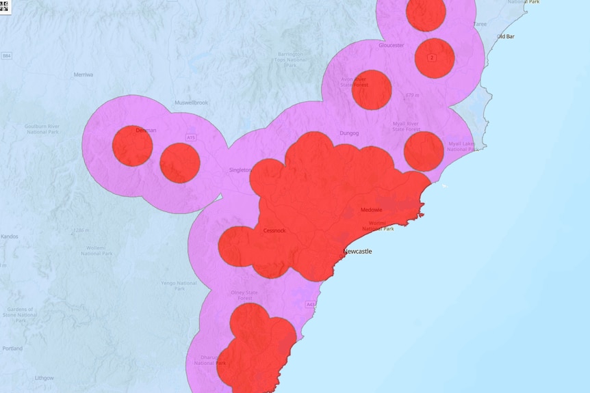 A map with large red dots over newcastle and the cnetral coast